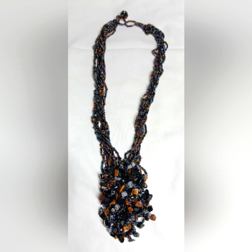 Multicolor Tourmaline, Citrine, Carnelian Necklace with Black Seed Beads